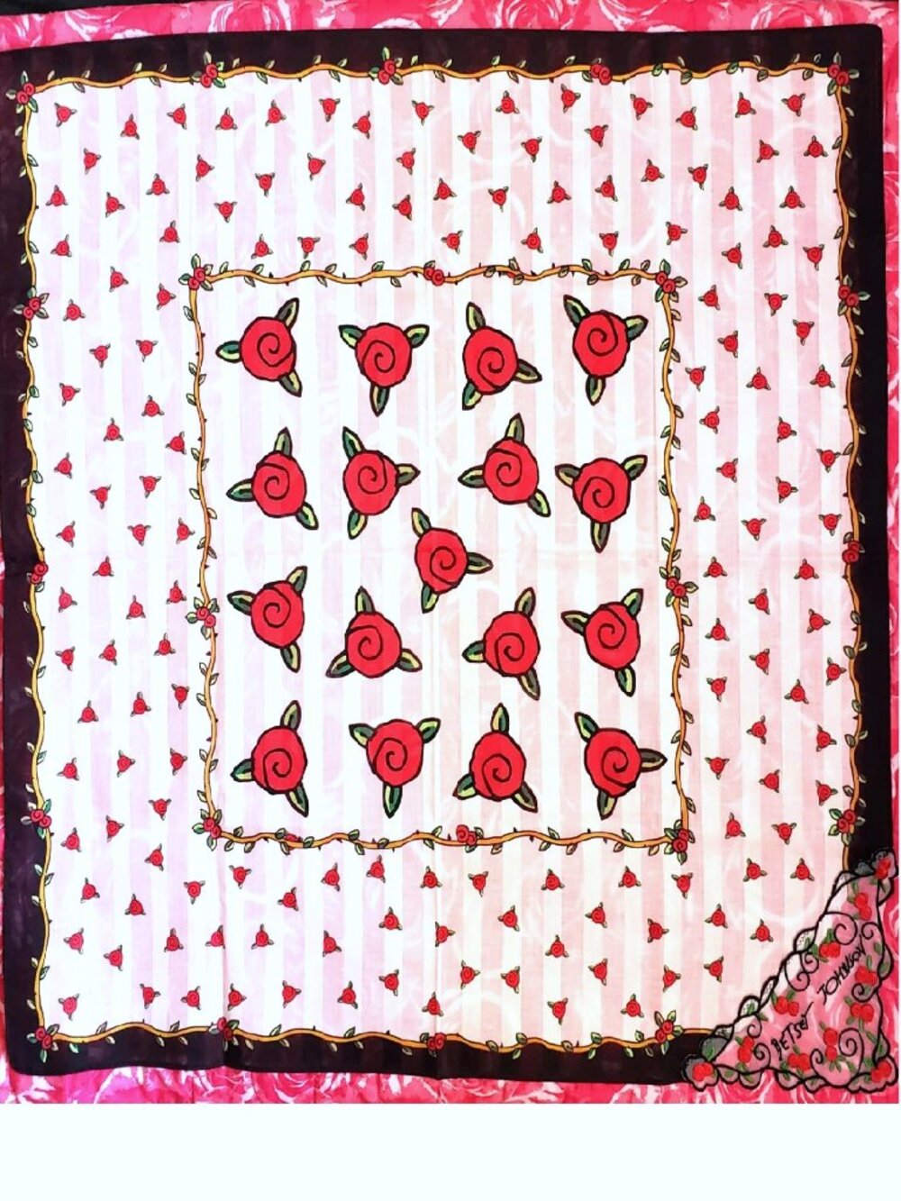 Vintage Betsey Johnson Rose Print Dress Scarf Y2K White Floral Red Roses Vine